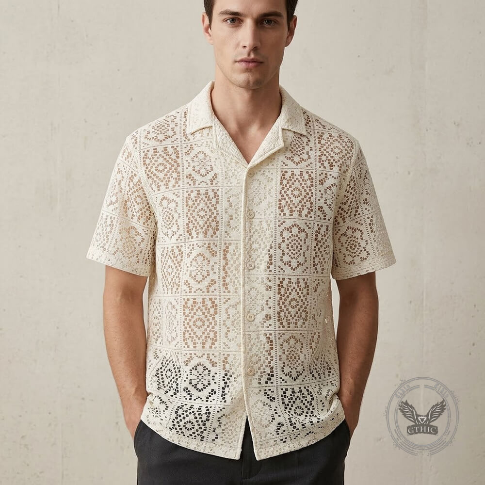Casual Solid Color Cut-Out Lace Short-Sleeve Shirt