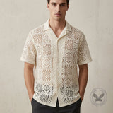 Casual Solid Color Cut-Out Lace Short-Sleeve Shirt