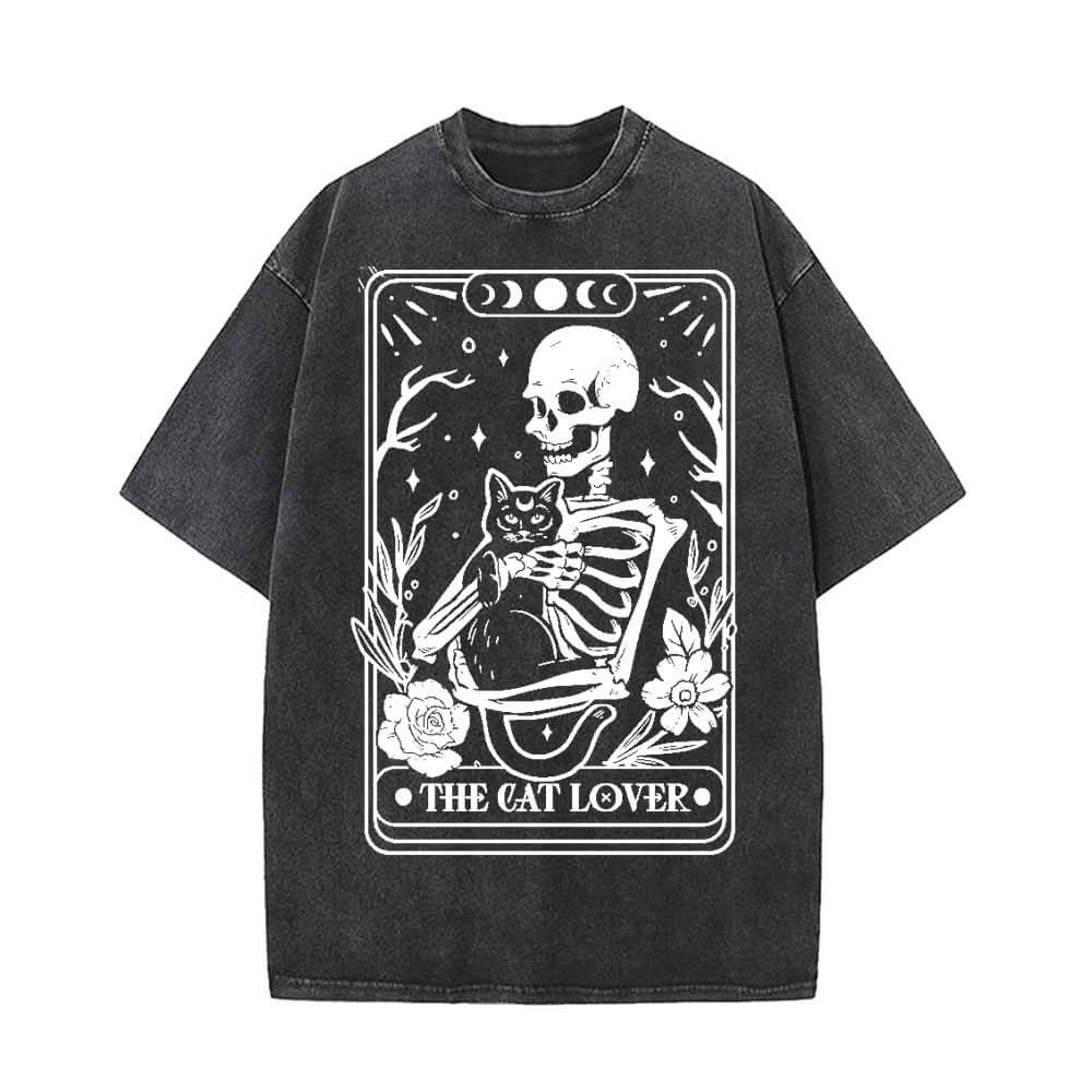 Cat Lover Skeleton Tarot Card Vintage Washed T-shirt Vest Top | Gthic.com