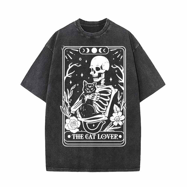 Cat Lover Skeleton Tarot Card Vintage Washed T-shirt Vest Top | Gthic.com