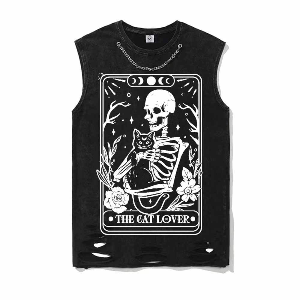 Cat Lover Skeleton Tarot Card Vintage Washed T-shirt Vest Top | Gthic.com