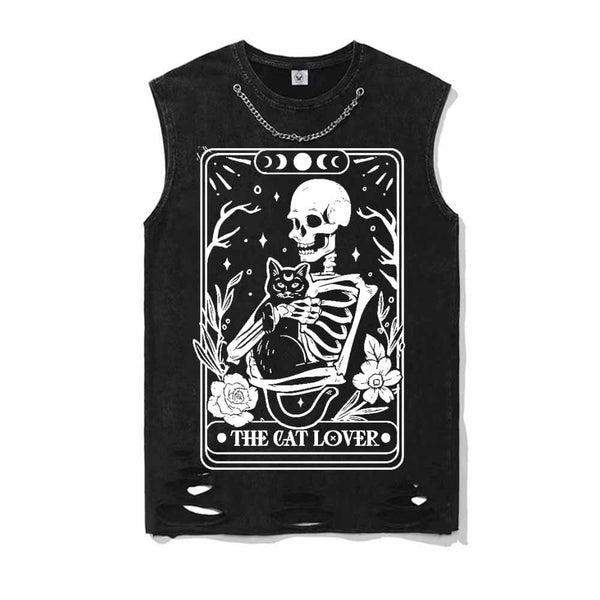 Cat Lover Skeleton Tarot Card Vintage Washed T-shirt Vest Top | Gthic.com