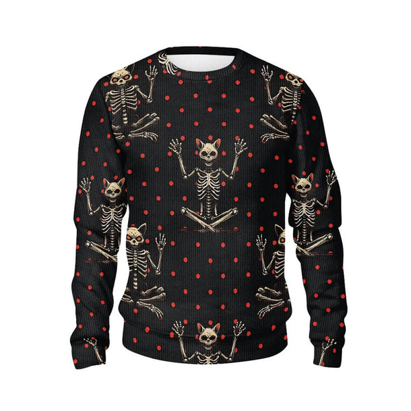 Cat Skeleton Spots Print Knitted Pullover Sweatshirt 02 | Gthic.com