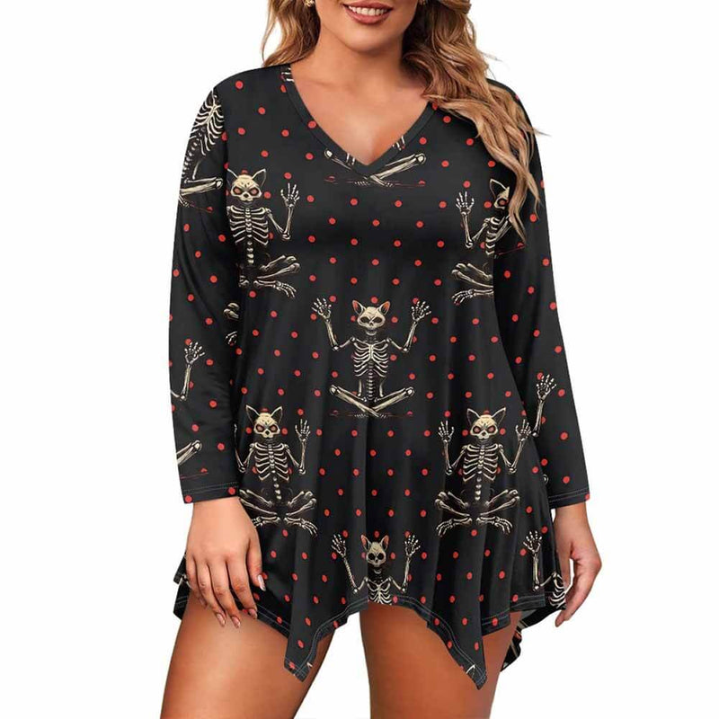 Cat Skeleton Spots V-Neck Irregular Hem Top