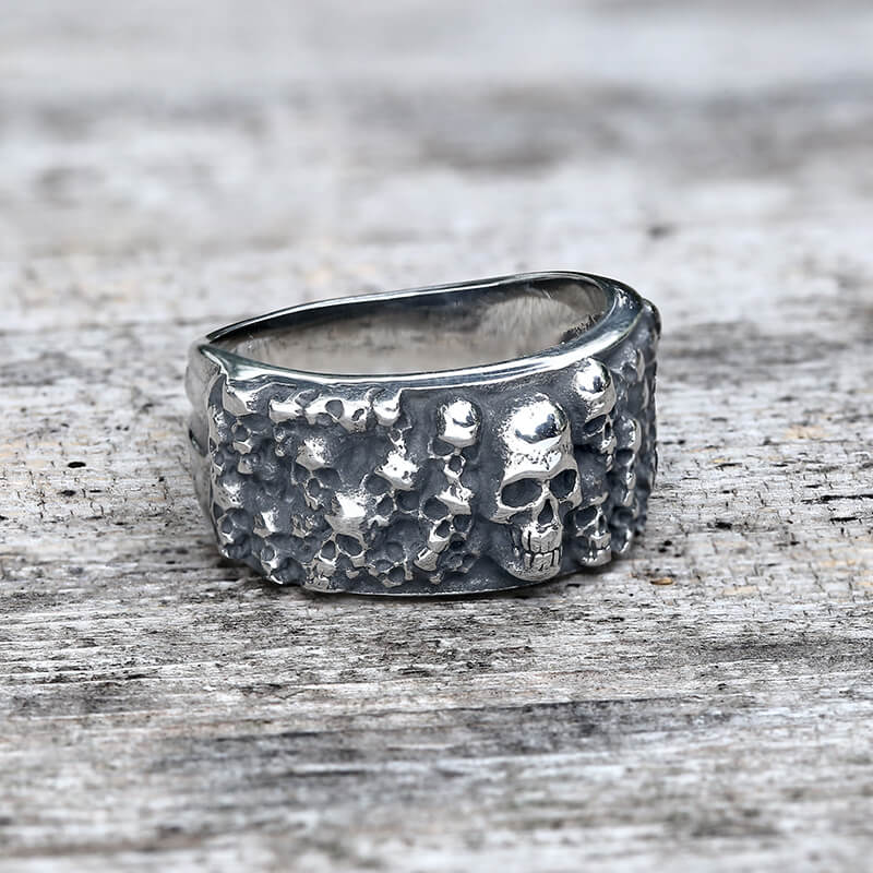 Catacombs Skulls Stainless Steel Biker Ring | Gthic.com