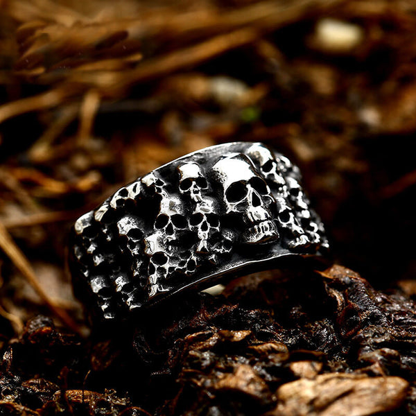 Catacombs Skulls Stainless Steel Biker Ring | Gthic.com