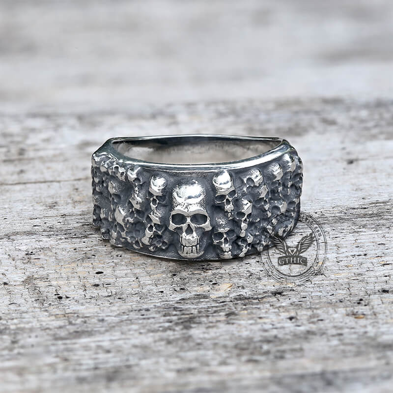 Catacombs Skulls Stainless Steel Biker Ring | Gthic.com