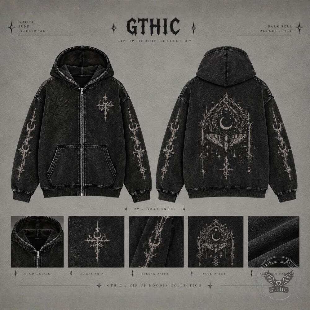 Cathedral Moth Vintage Washed Zip-Up Hooded Jacket | Gthic.com