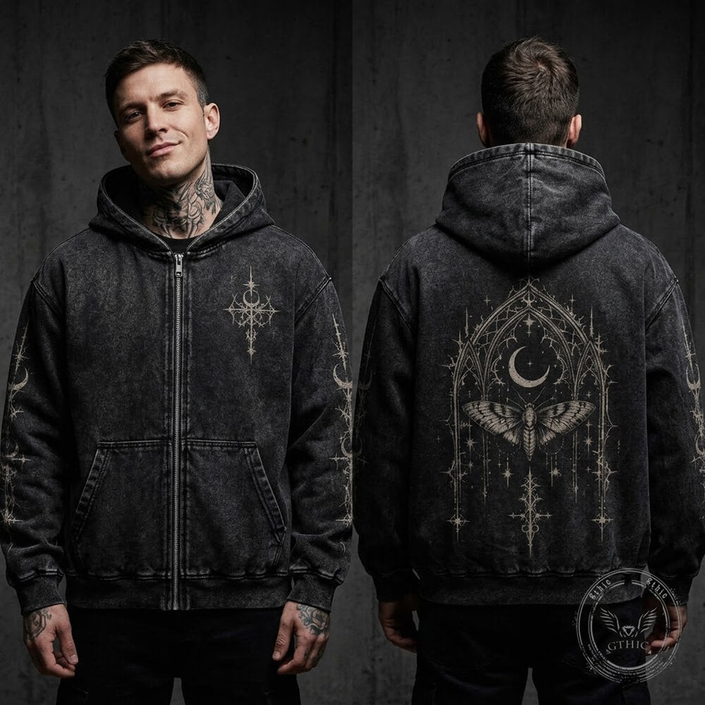 Cathedral Moth Vintage Washed Zip-Up Hooded Jacket | Gthic.com