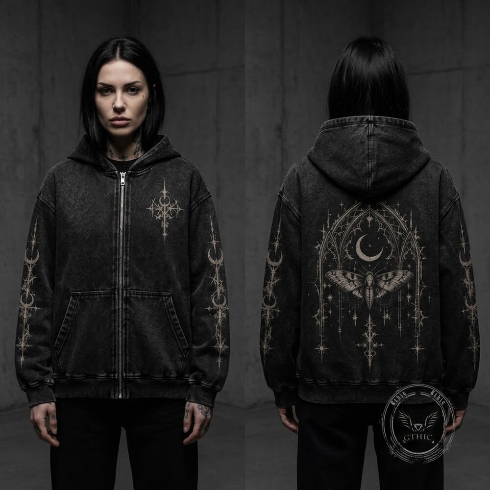 Cathedral Moth Vintage Washed Zip-Up Hooded Jacket | Gthic.com