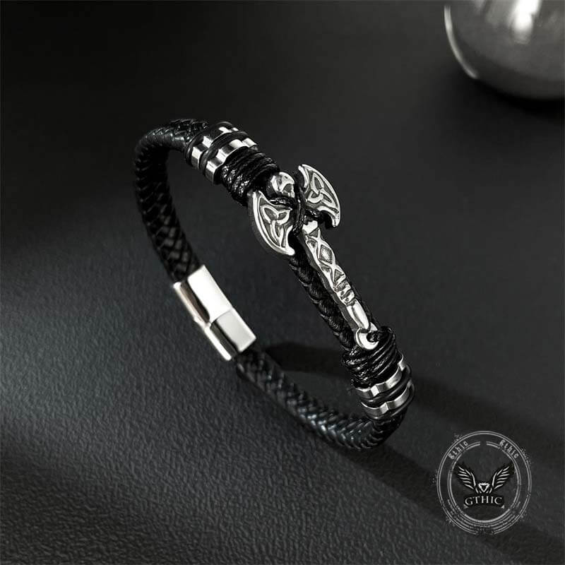 Celtic Knot Axe Stainless Steel Leather Bracelet 01 | Gthic.com