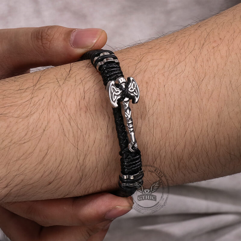 Celtic Knot Axe Stainless Steel Leather Bracelet | Gthic.com