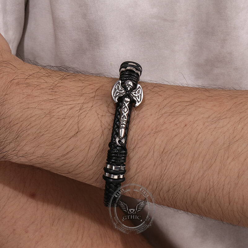 Celtic Knot Axe Stainless Steel Leather Bracelet | Gthic.com