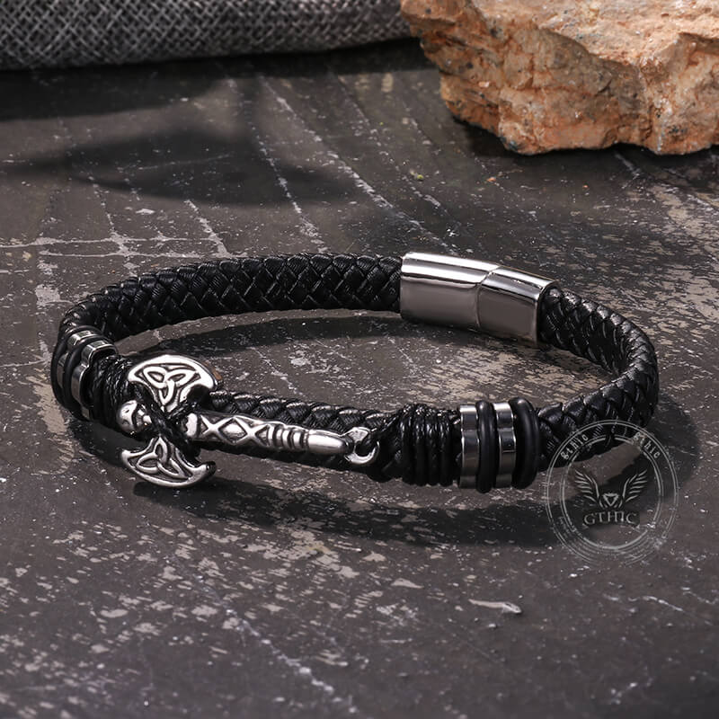 Celtic Knot Axe Stainless Steel Leather Bracelet