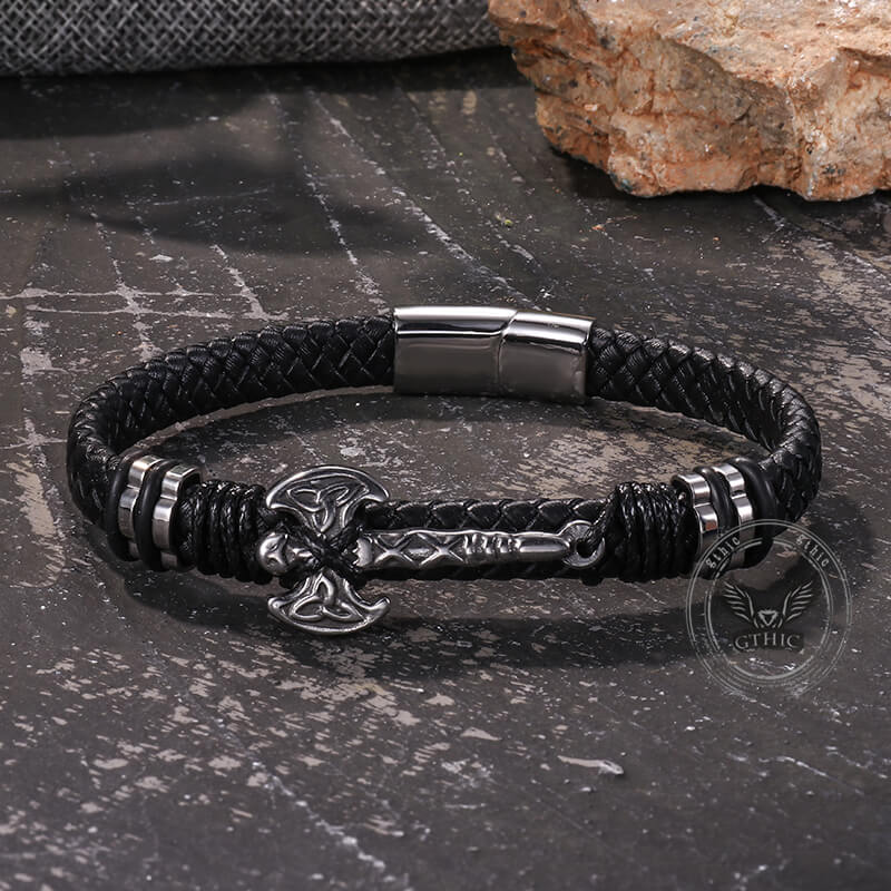 Celtic Knot Axe Stainless Steel Leather Bracelet