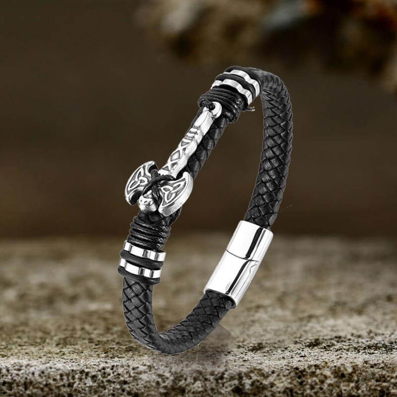 Celtic Knot Axe Stainless Steel Leather Bracelet | Gthic.com