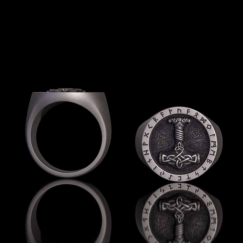 Celtic Knot Thor's Hammer Rune Sterling Silver Ring 01 | Gthic.com