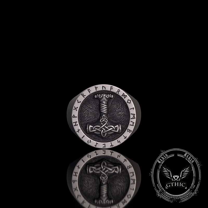 Celtic Knot Thor's Hammer Rune Sterling Silver Ring 02 | Gthic.com