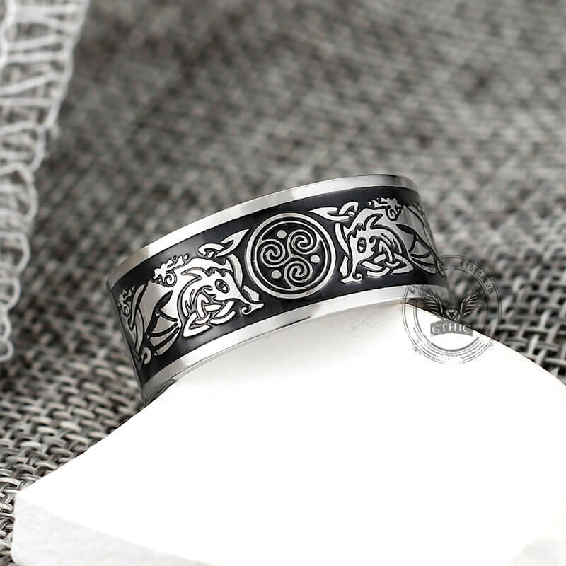 Celtic Wolf Triquetra Stainless Steel Viking Ring | Gthic.com