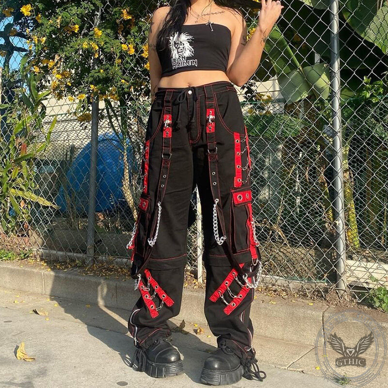 Chain Design Polyester Cargo Pants | Gthic.com