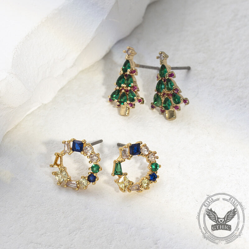 Christmas Tree Wreath Simple Zircon Copper Earrings 01 | Gthic.com