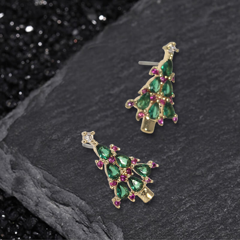 Christmas Tree Wreath Simple Zircon Copper Earrings