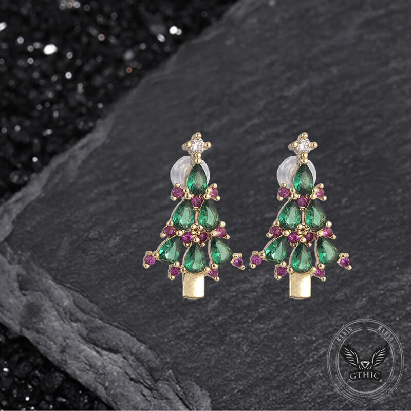 Christmas Tree Wreath Simple Zircon Copper Earrings