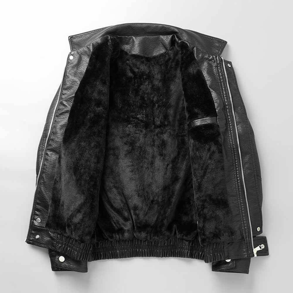 Classic Solid Black Thickened Punk PU Leather Jacket 03 | Gthic.com