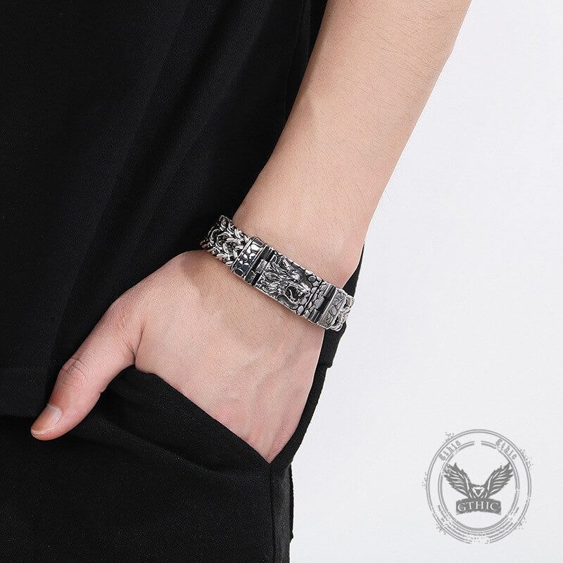 Classic Wolf Head Square Buckle Stainless Steel Bracelet | Gthic.com