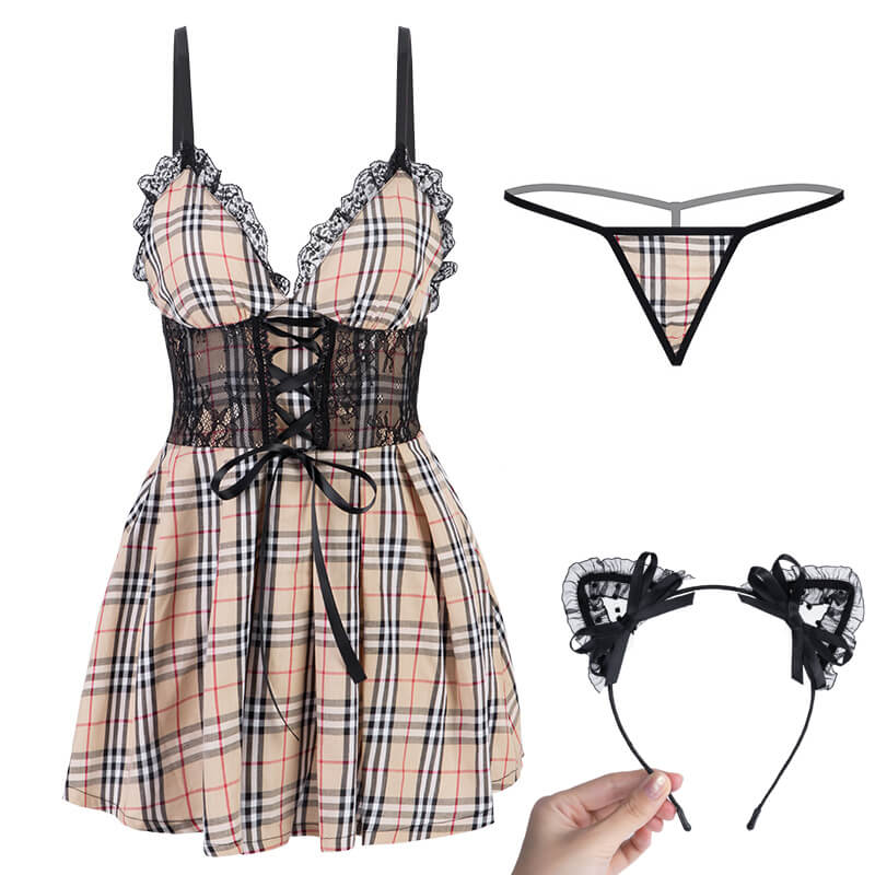 Classical Plaid Cotton Mini Dress Set | Gthic.com