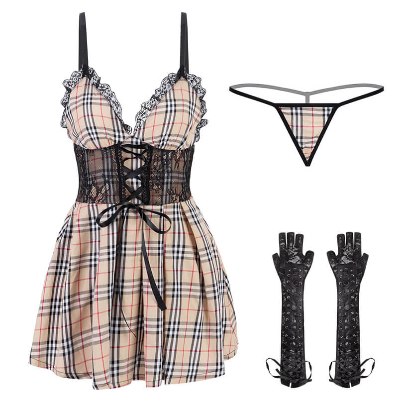 Classical Plaid Cotton Mini Dress Set