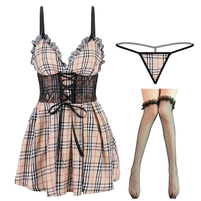 Classical Plaid Cotton Mini Dress Set