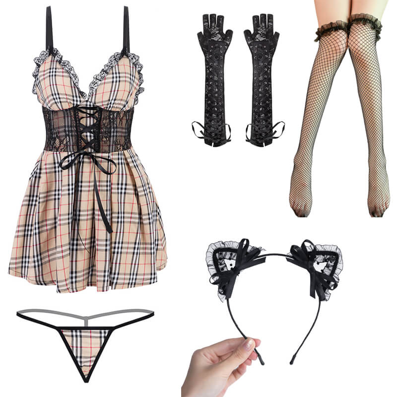 Classical Plaid Cotton Mini Dress Set