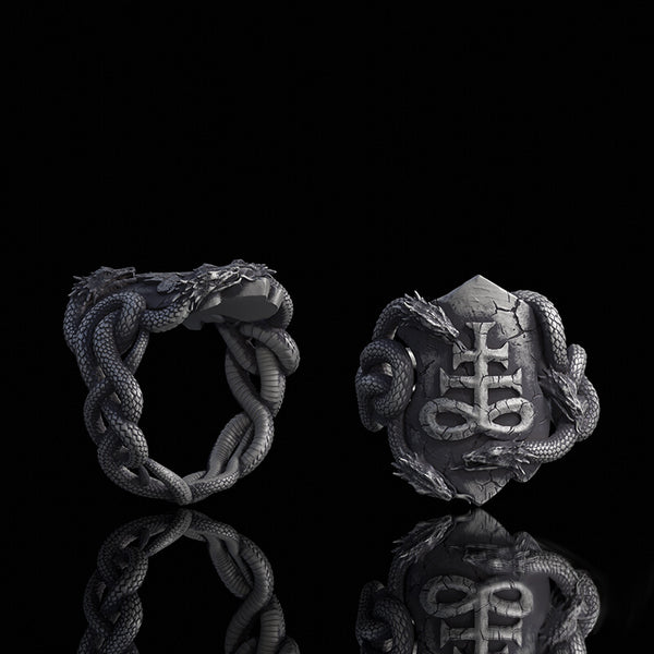 Coiled Snake Leviathan Cross Sterling Silver Ring | Gthic.com