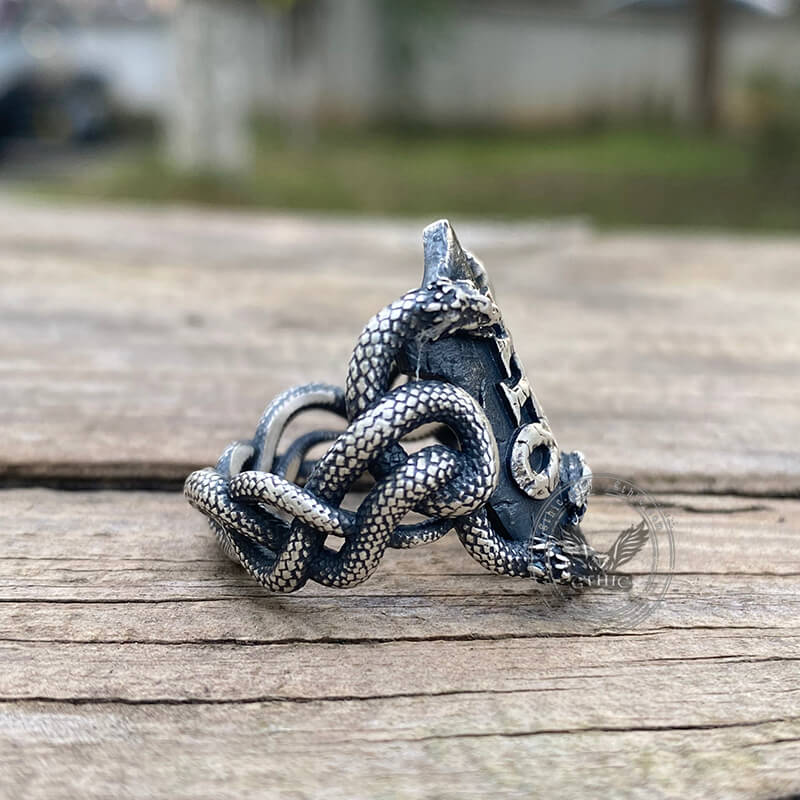 Coiled Snake Leviathan Cross Sterling Silver Ring