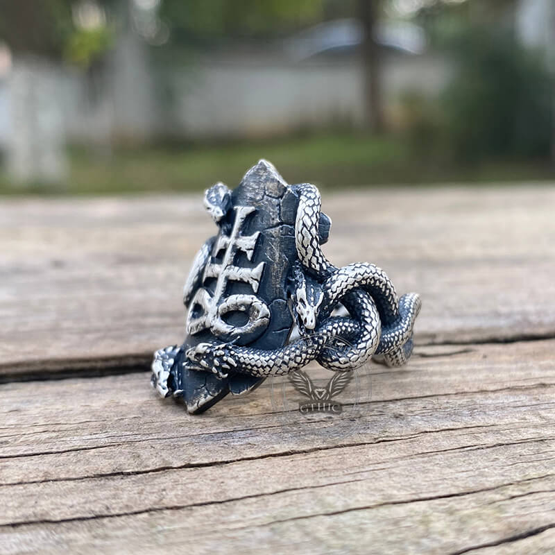 Coiled Snake Leviathan Cross Sterling Silver Ring | Gthic.com