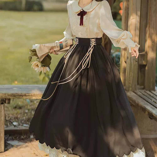 College Style Doll Collar Shirt High Waist Skirt Set 01 | Gthic.com