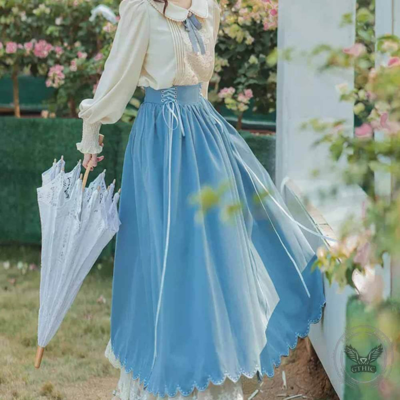 College Style Doll Collar Shirt High Waist Skirt Set 02 | Gthic.com