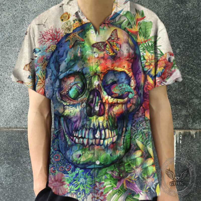 Colorful Skull Head Print Polyester Hawaiian Shirt