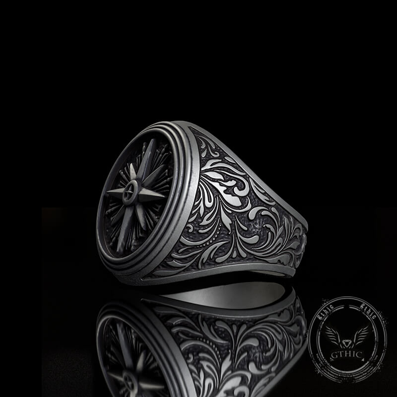 Compass Rose Signet Sterling Silver Ring | Gthic.com