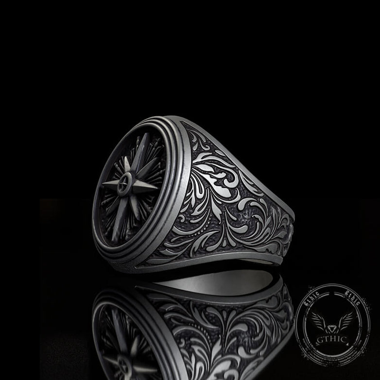 Compass Rose Signet Sterling Silver Ring | Gthic.com