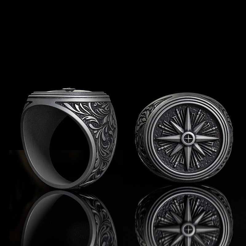 Compass Rose Signet Sterling Silver Ring | Gthic.com