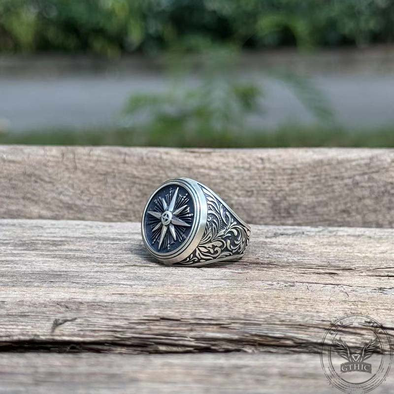 Compass Rose Signet Sterling Silver Ring | Gthic.com