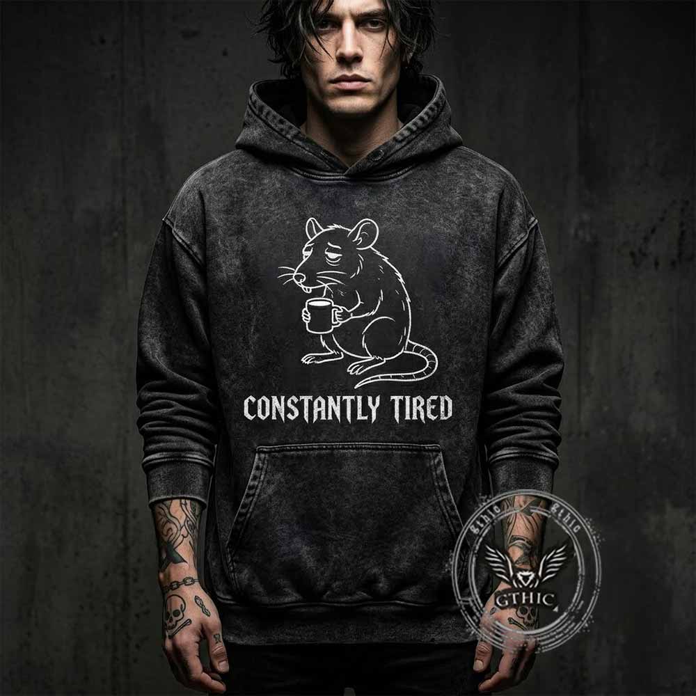 Constantly Tired Rat Holding Cup Vintage Washed Hoodie | Gthic.com