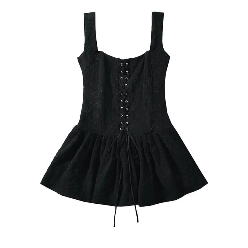 Corseted Bodice Tie-up Front Pleated Square Neck Mini Dress | Gthic.com