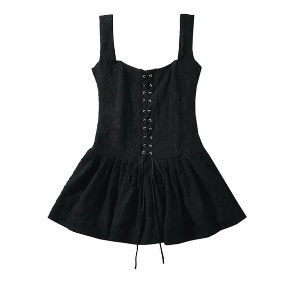 Corseted Bodice Tie-up Front Pleated Square Neck Mini Dress | Gthic.com