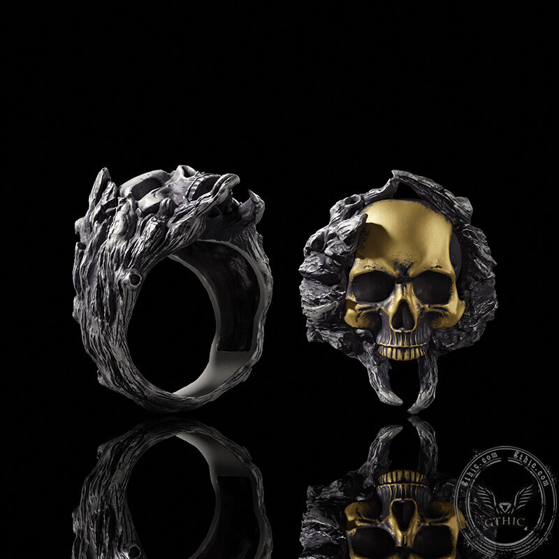 Crack Tree Bark Sterling Silver Skull Ring | Gthic.com