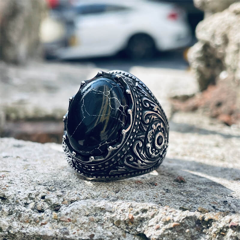 Cracked Black Turquoise Patterned Stainless Steel Ring 01 | Gthic.com