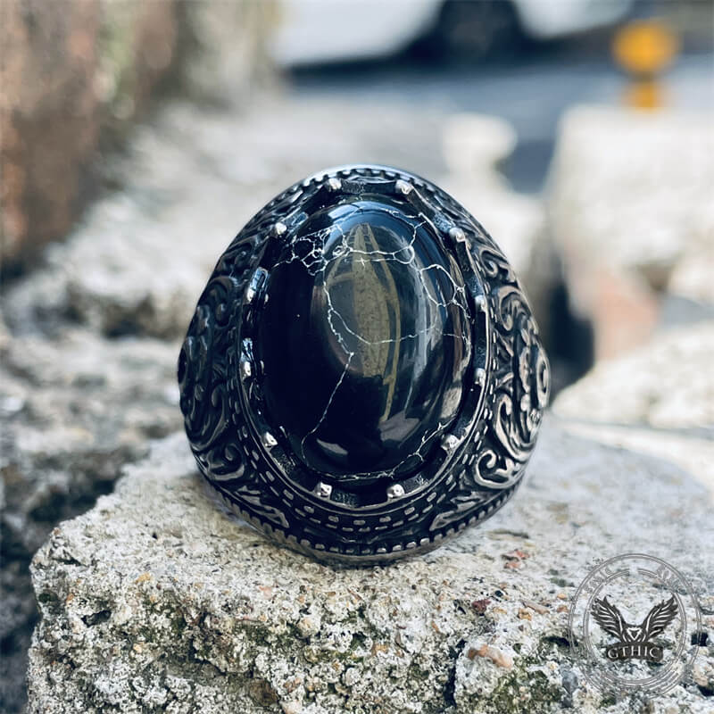 Cracked Black Turquoise Patterned Stainless Steel Ring 02 | Gthic.com