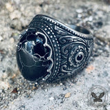 Cracked Black Turquoise Patterned Stainless Steel Ring 03 | Gthic.com